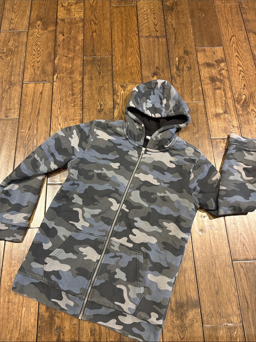 Old Navy Gray/Blue Camo Hooded Zip-Up Jacket, Sherpa-Lined